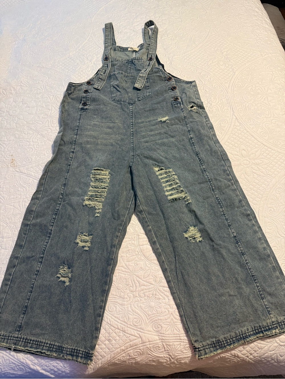 Distressed Denim Overalls for Women - Washed Blue